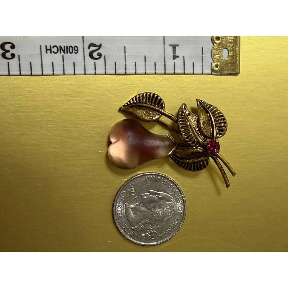 Vintage Lucite Brooch Austria Pink Crystal Figural Pear Fruit Gold Tone  1950s